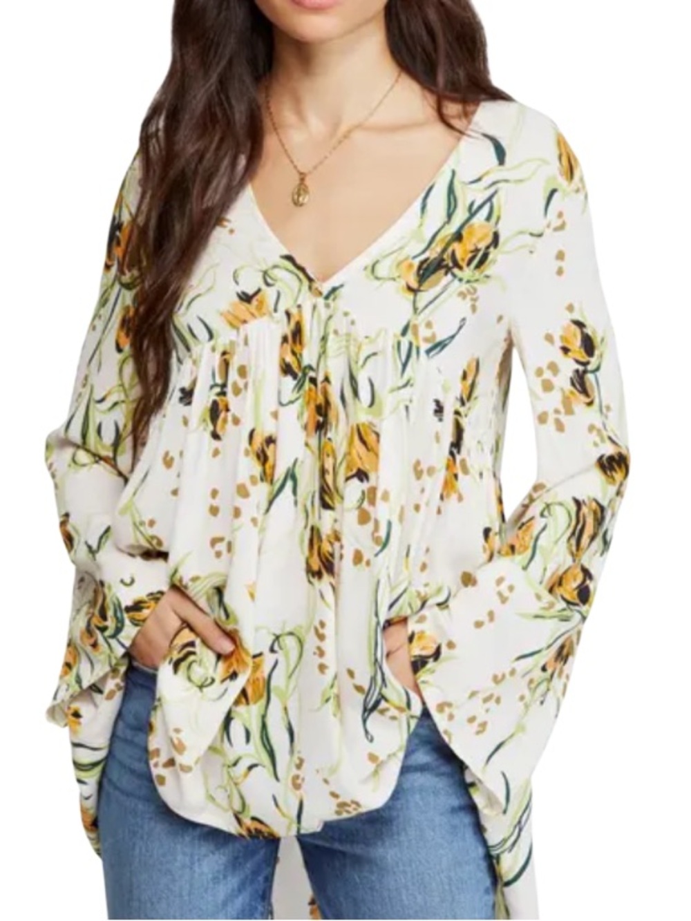 Free People Floral V-Neck Peasant Blouse. Size S. Bohemian. Oversized.